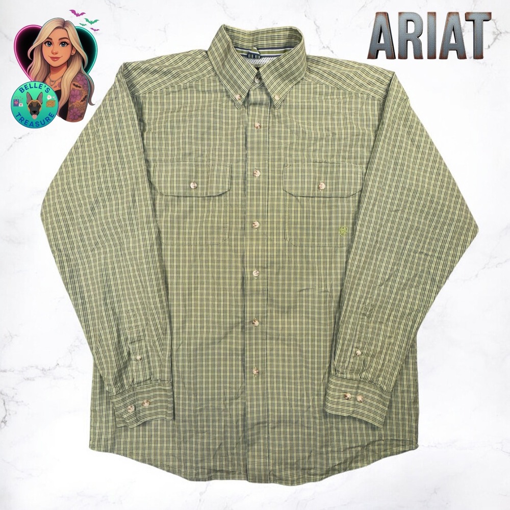 Ariat Pro Mens Medium Long Sleeve Button Up Dress Shirt Plaid Green Front Pocket